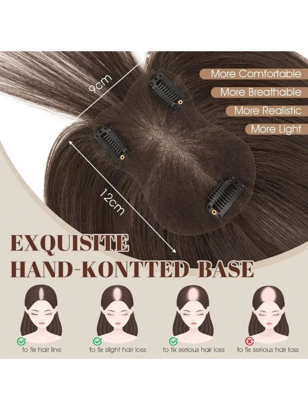 360° 3D Human Hair Topper for Thinning Hair - Ultra Thin Clip-In Bangs, 12 Inch